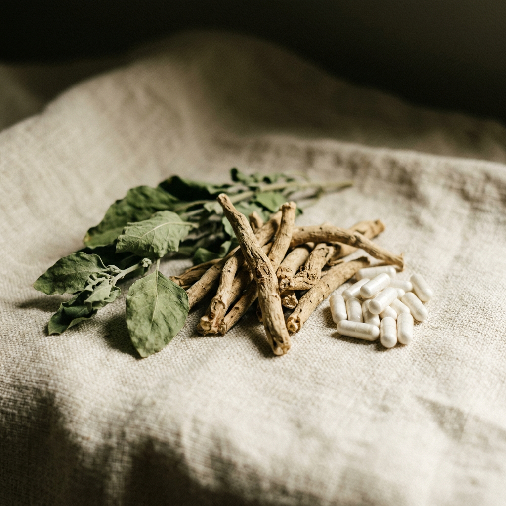 Raiz de ashwagandha y capsulas