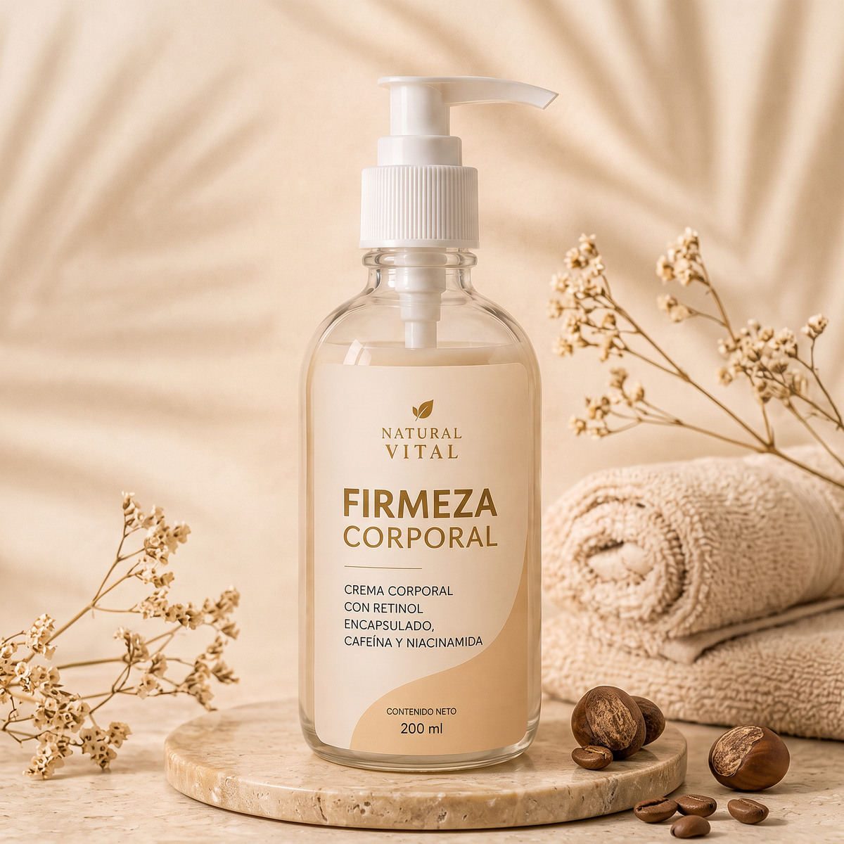 Firmeza Corporal de Natural Vital, frasco de vidrio de 200 ml sobre piedra travertino