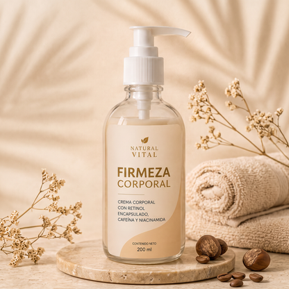 Firmeza Corporal de Natural Vital, frasco de vidrio de 200 ml sobre piedra travertino