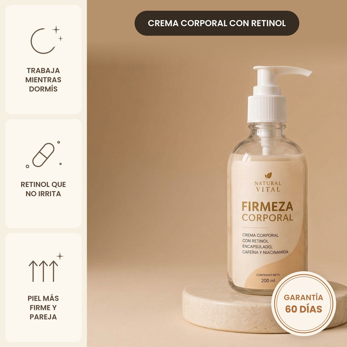 Firmeza Corporal: crema corporal con retinol encapsulado, uso nocturno, garantía de 60 días